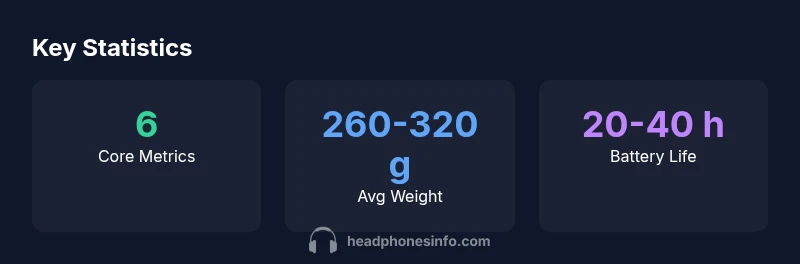 Infographic showing six core metrics for heavys headphones with weight and battery life
