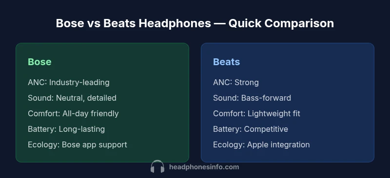 Bose vs Beats headphones comparison infographic showing ANC and sound signatures