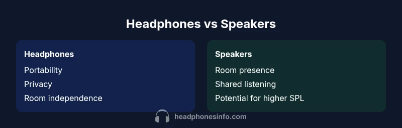 Comparison infographic showing headphones vs speakers with benefits on each side