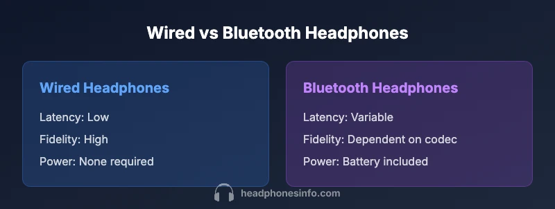 Comparison infographic: wired vs Bluetooth headphones highlighting latency, fidelity, and power