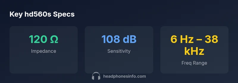 HD560S specifications infographic showing impedance, sensitivity, and frequency range