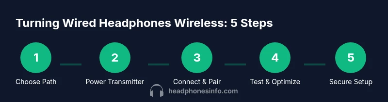 Process diagram showing 5 steps to convert wired headphones to wireless