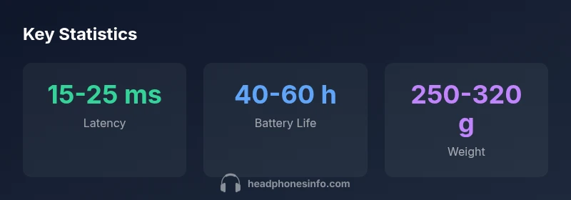 Stats infographic showing latency, battery life, weight