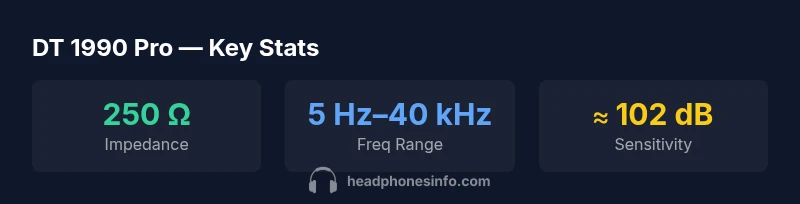 Infographic showing impedance, frequency range, and sensitivity for the DT 1990 Pro