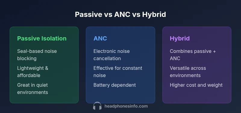 Infographic comparing Passive Isolation, ANC, and Hybrid noise isolation headphones.