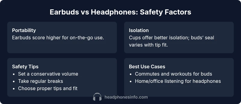 Infographic comparing earbuds and headphones safety factors