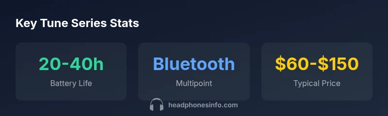 Infographic showing battery life, connectivity, and price range for JBL Tune Series headphones