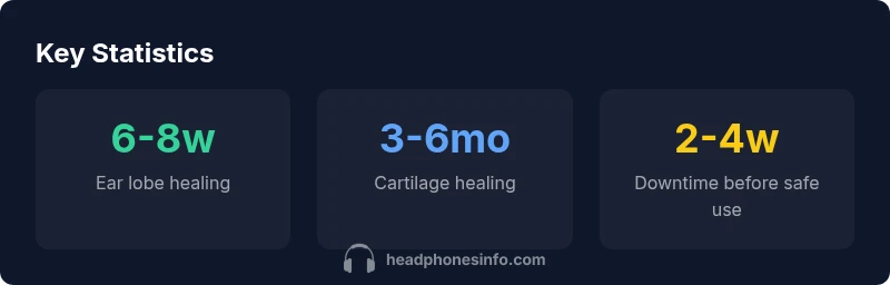 Infographic showing healing timelines for ear piercings and headphone usage