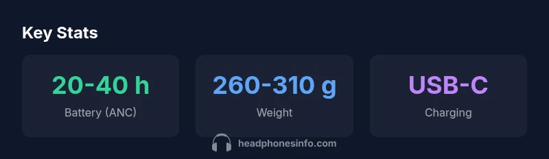 Stat card showing battery life, weight, and charging port of Crusher ANC 2 headphones