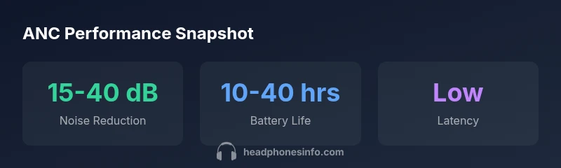 Infographic showing typical ANC noise reduction, battery life, and latency ranges