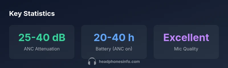 infographic showing ANC attenuation, battery life, mic quality
