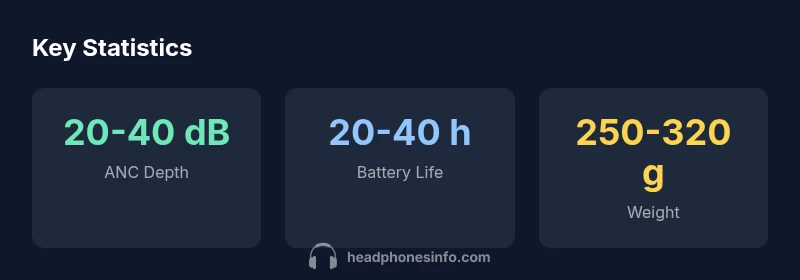Stats infographic showing ANC depth, battery life, and weight for Sony noise reduction headphones