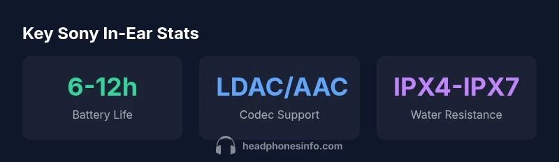 Infographic comparing Sony in-ear headphones by battery life, codec support, and water resistance