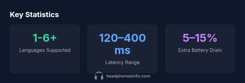 Infographic showing live translation stats: languages, latency, battery