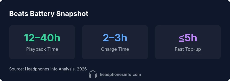Beats charging infographic showing playback time, charge time, and fast top-up