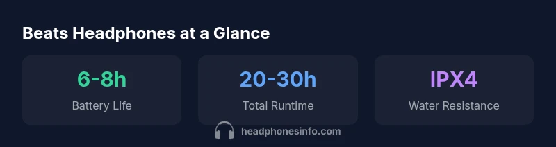 Beats headphones infographic showing battery life, total runtime, and water resistance